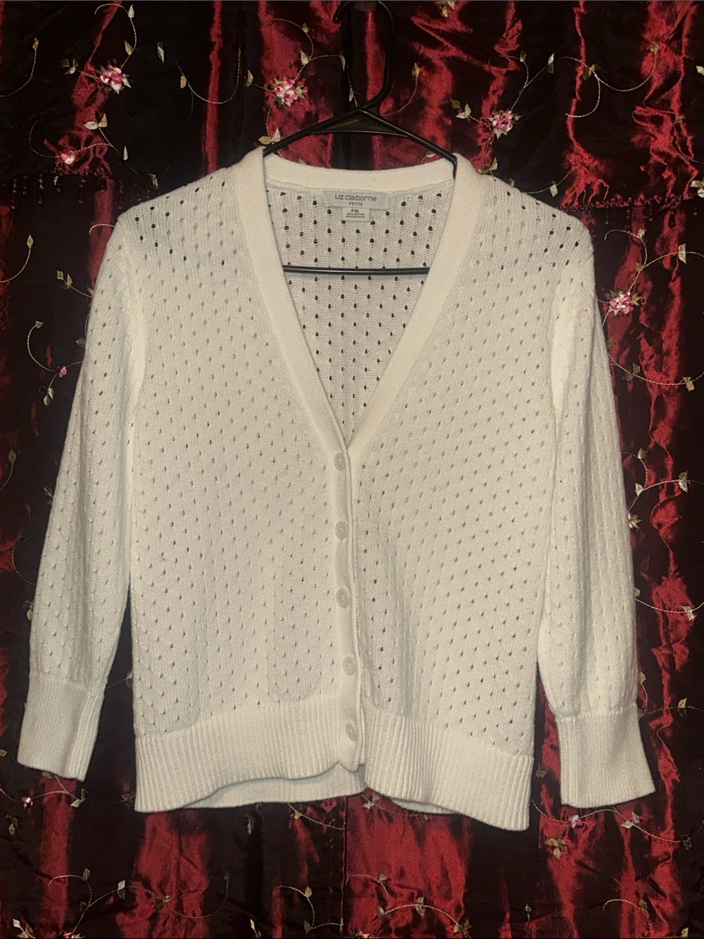 Liz Claiborne Cream Openwork V-Neck Buttoned Cardigan 3/4 sleeve